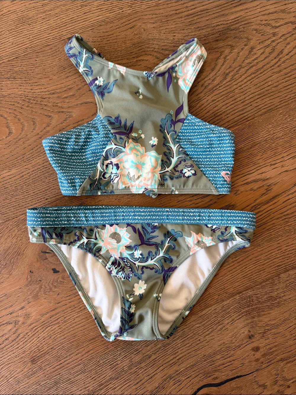 Kids Floral Two-Piece Swimsuit in Olive Green and Teal
